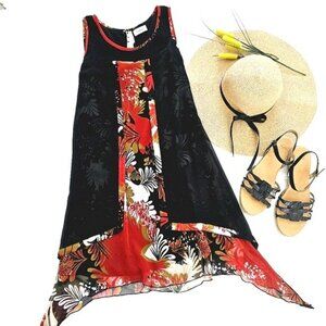 Indira Women's Mini Dress Size Medium Black Red Sheer Flowy Empire Cut Babydoll